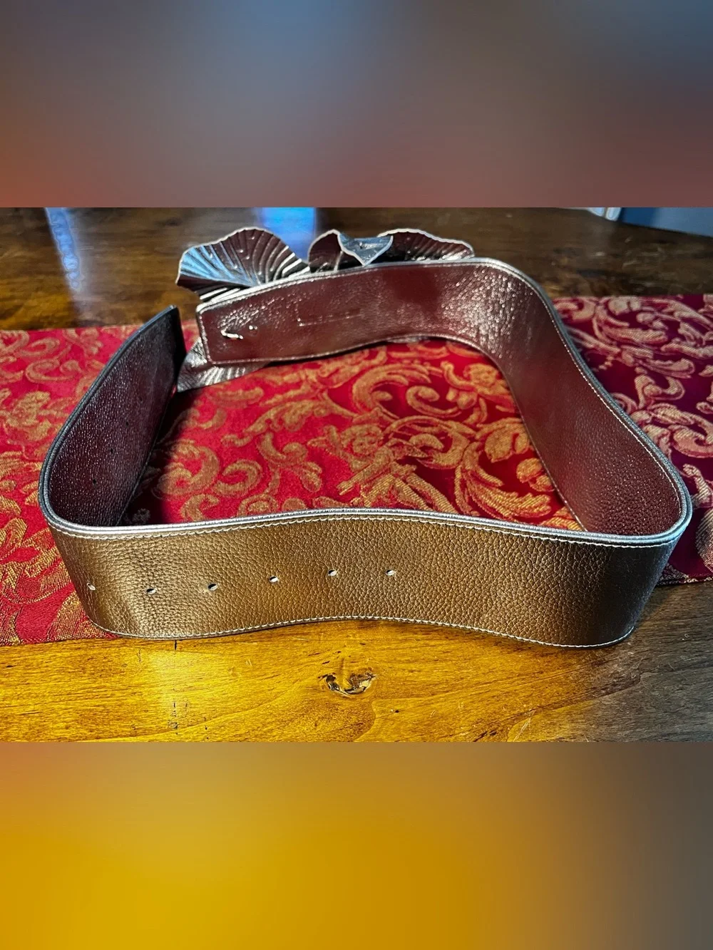 Anne Fontaine Carrie Belt Metallic Silver Leather Floral Leaf Statement Belt
